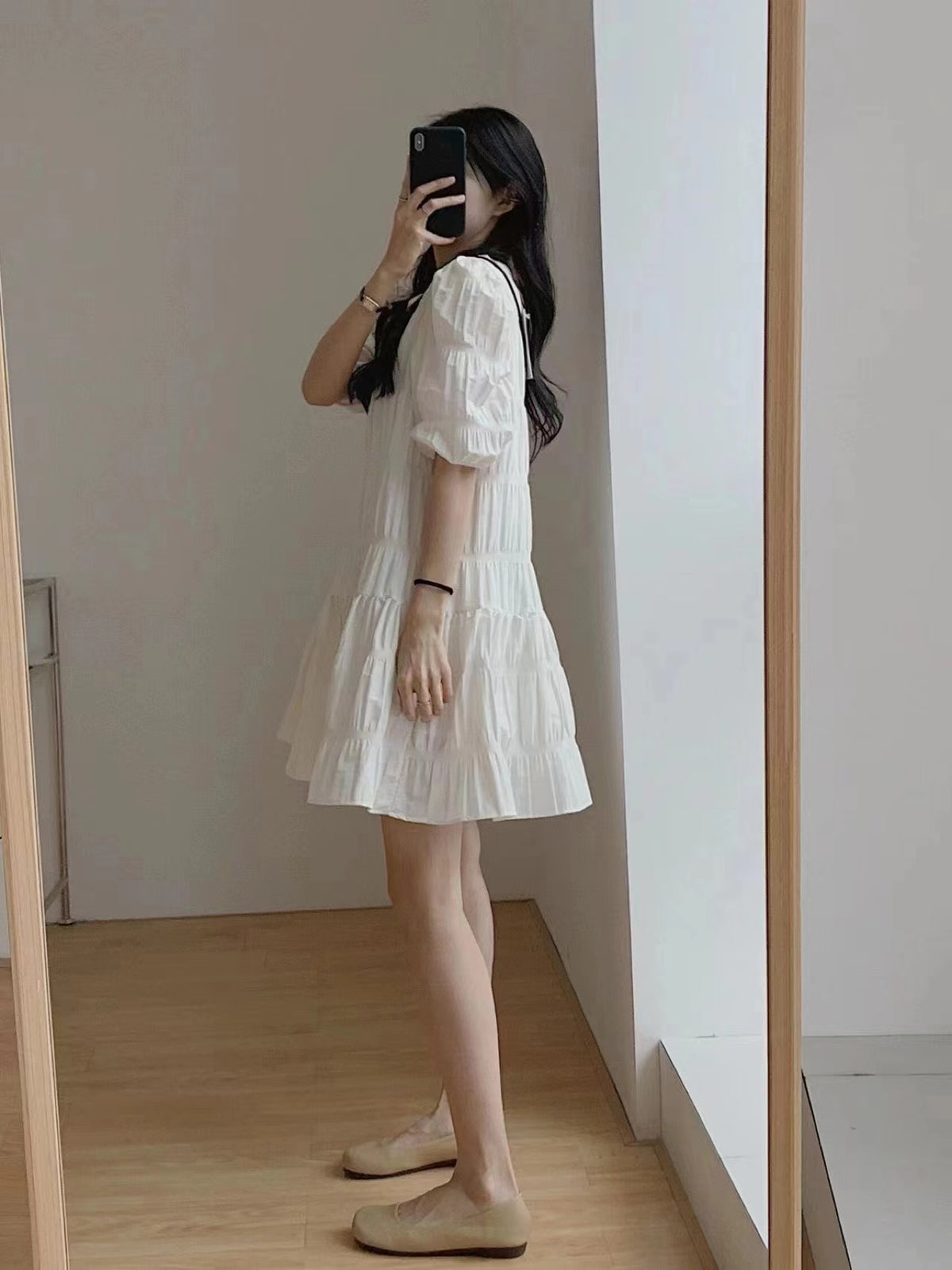 💕慵懶氣質小眾褶皺泡泡袖法式連衣裙