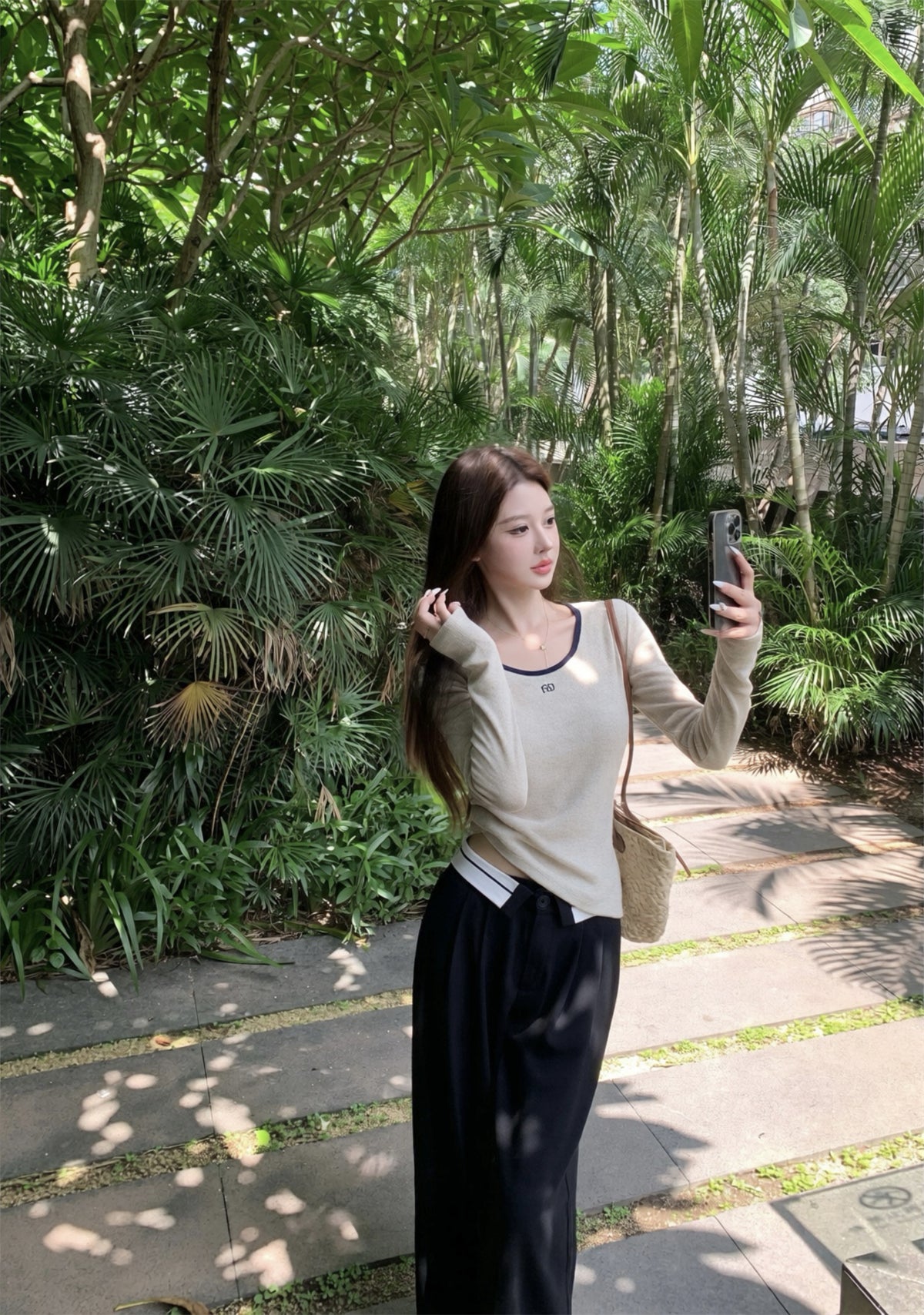💕韓系簡約百搭圓領字母印花撞色長T