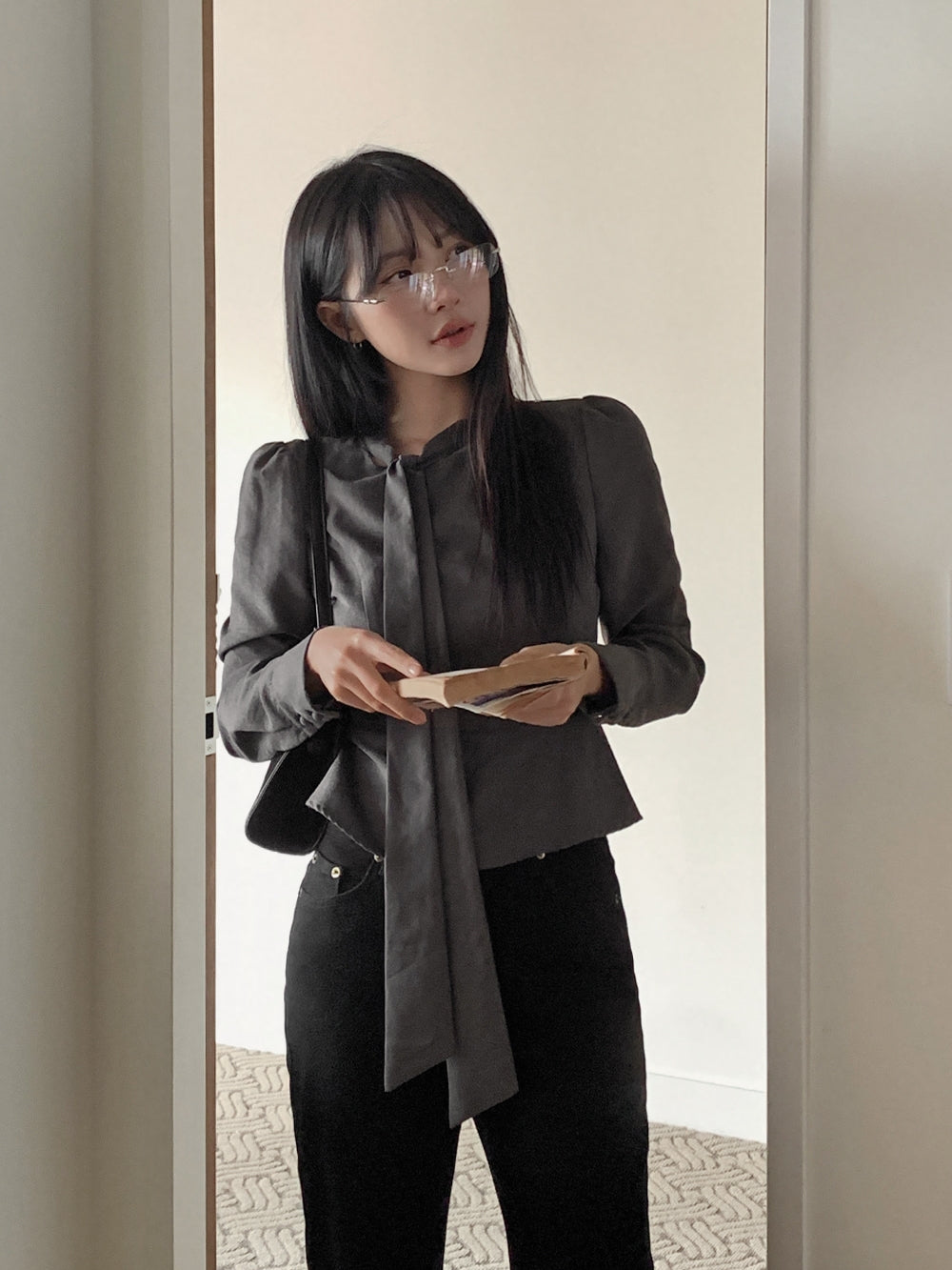 💕ins溫柔飄帶蝴蝶結泡泡袖修身顯瘦上衣