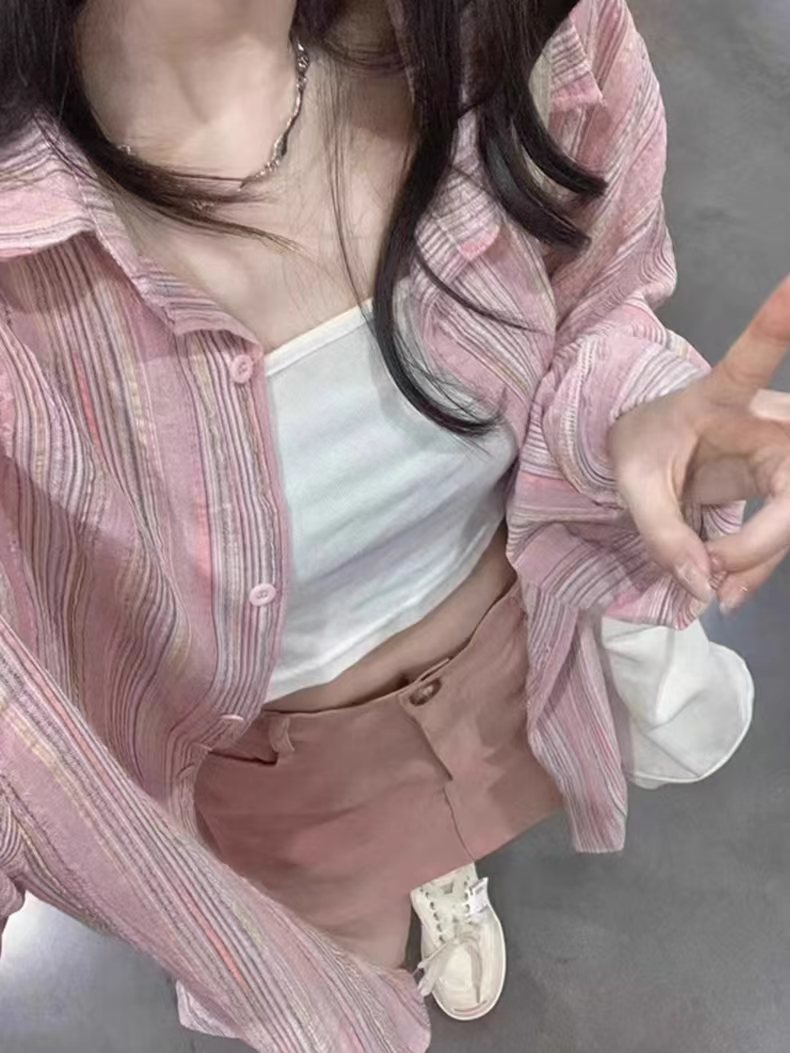 💕氣質溫柔細粉色條紋襯衫外套外搭
