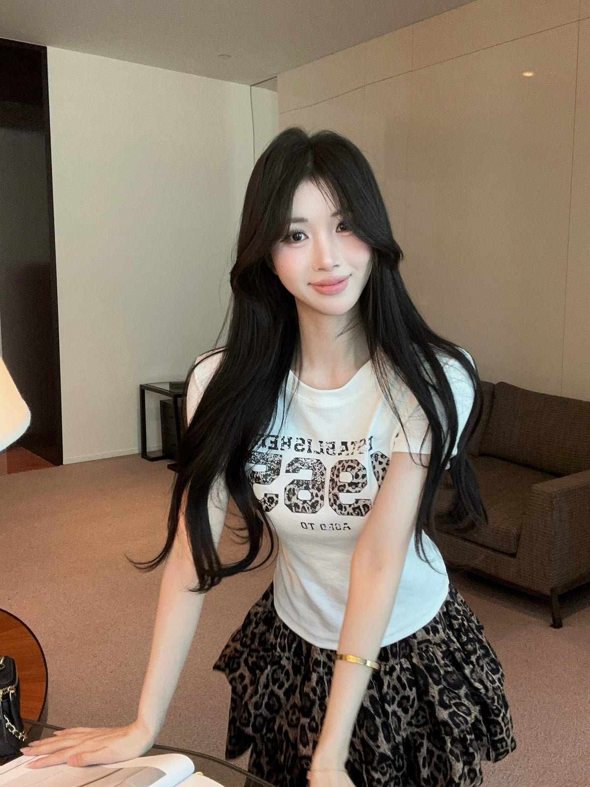 💕夏季豹紋印花圓領百搭短袖上衣