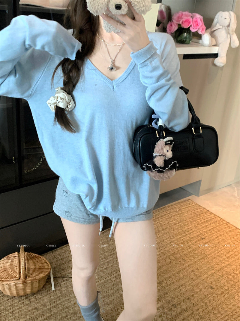 💕寬鬆薄款軟糯柔軟V領針織上衣