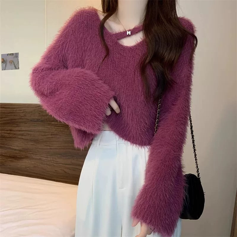 💕秋冬慵懶軟糯水貂毛短款上衣