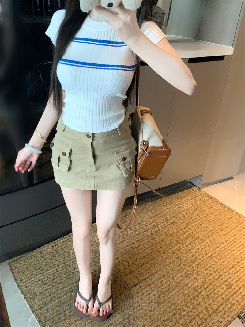 💕撞色條紋短袖針織圓領上衣