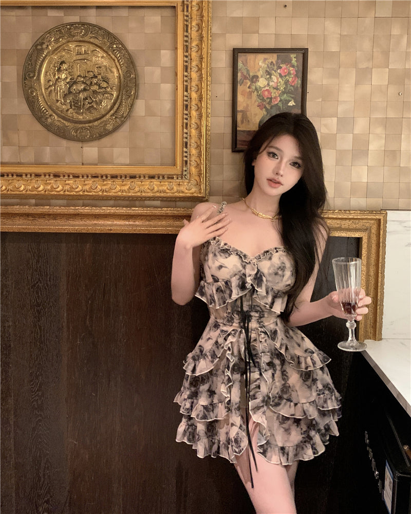 💕溫柔系水墨碎花小眾雪紡吊帶連衣裙
