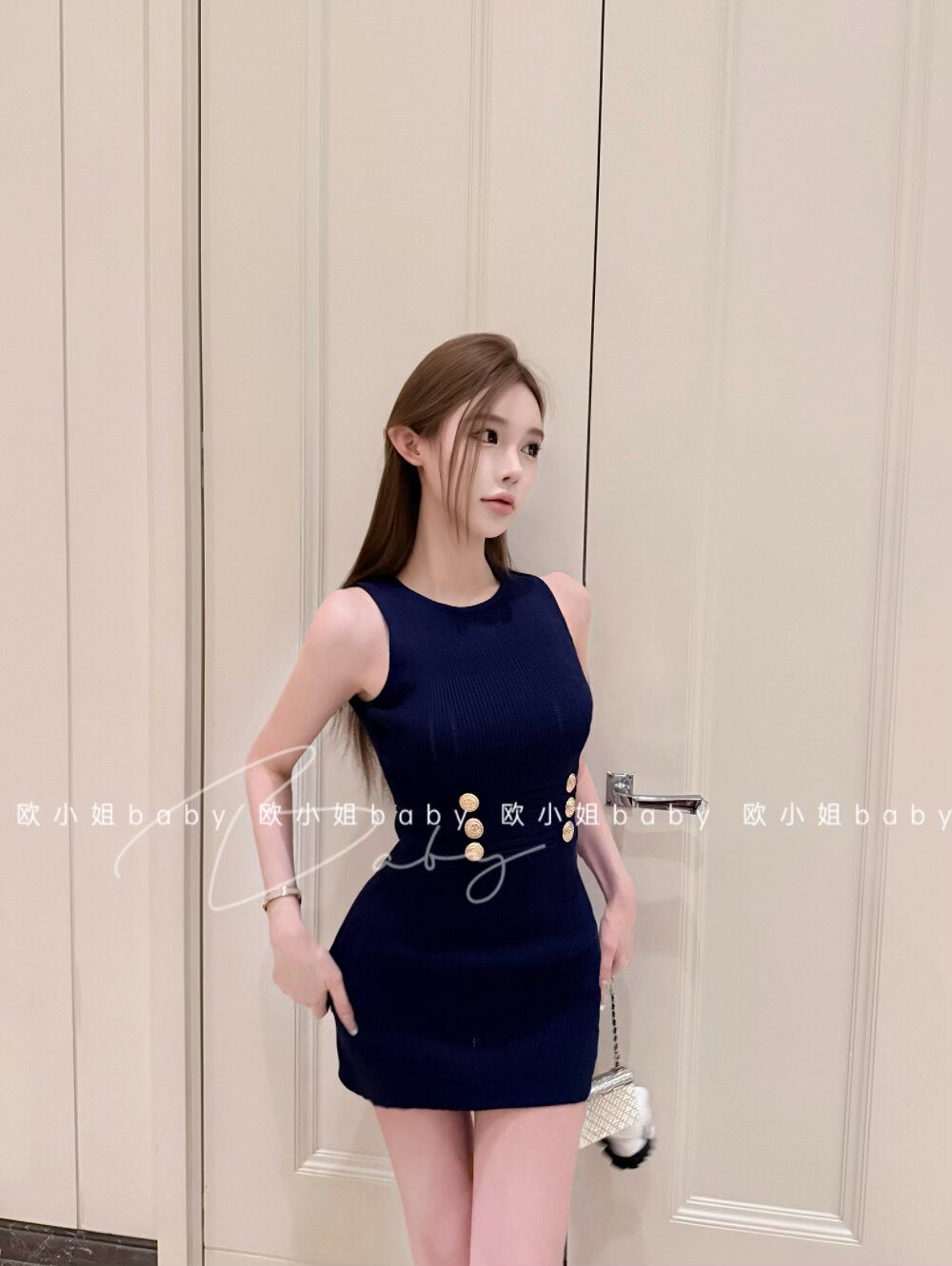💕氣質純欲性感甜辣小香風金扣針織連衣裙