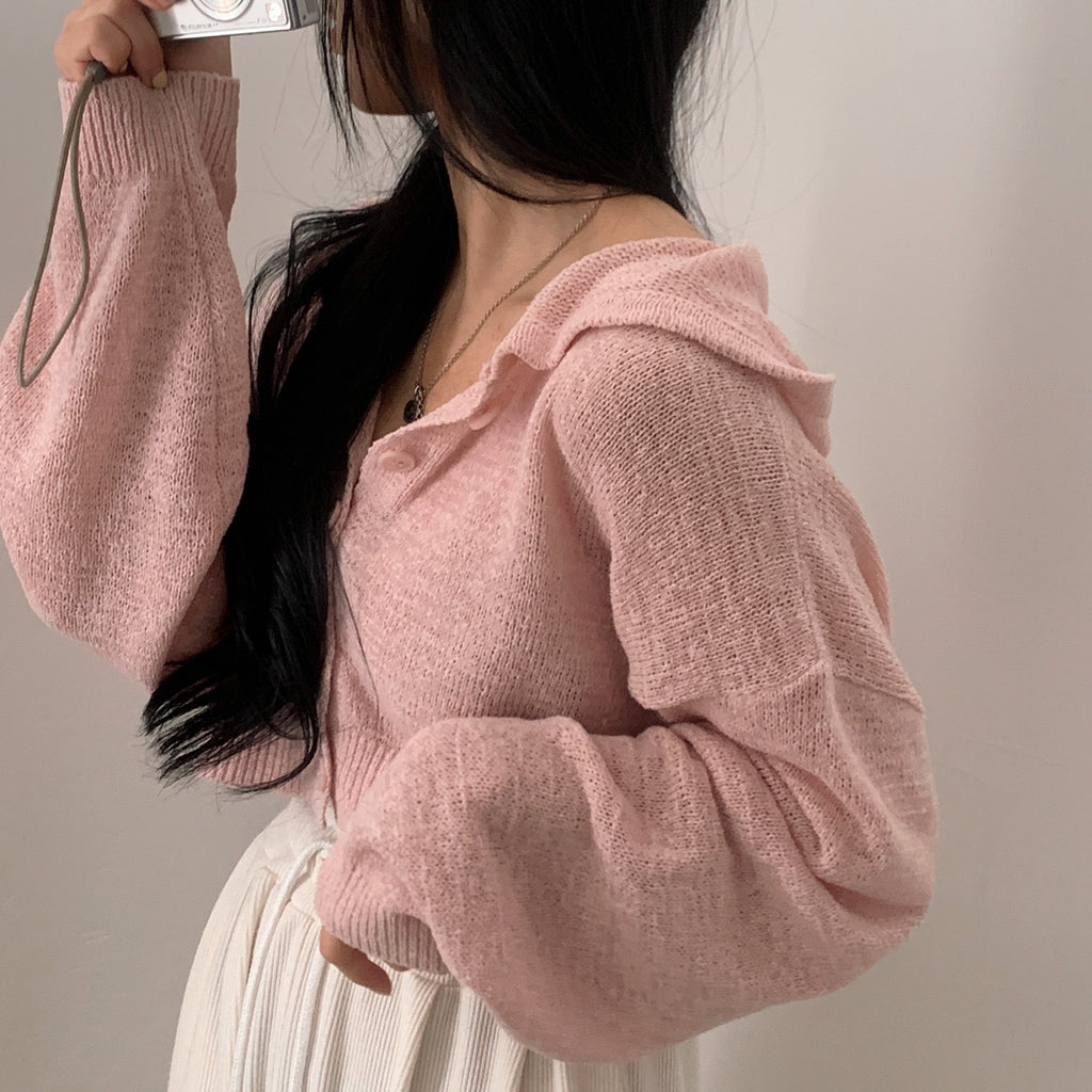 💕韓系慵懶冰絲薄款短燈籠袖連帽針織外套