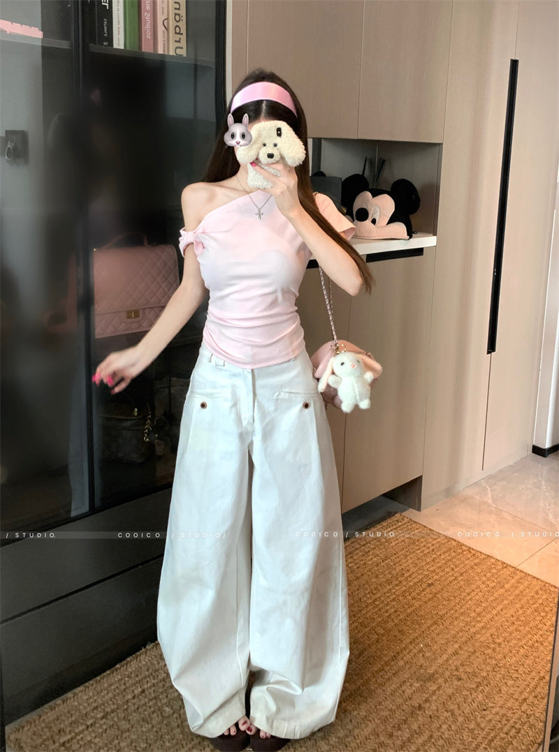 💕粉色短袖簡約斜肩T袖上衣