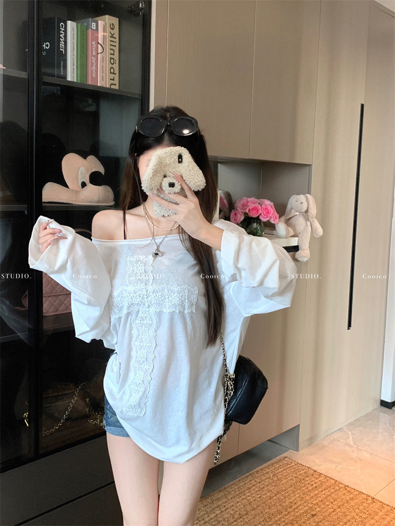 💕微透蕾絲寬鬆T袖打底衣