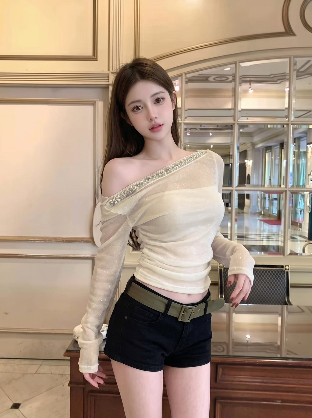 💕純御性感一字肩微透細閃褶皺氛圍感上衣