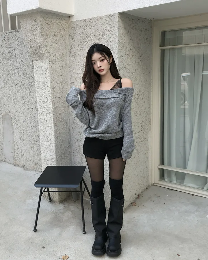 💕chic秋季假兩件蕾絲花邊打底一字肩針織上衣