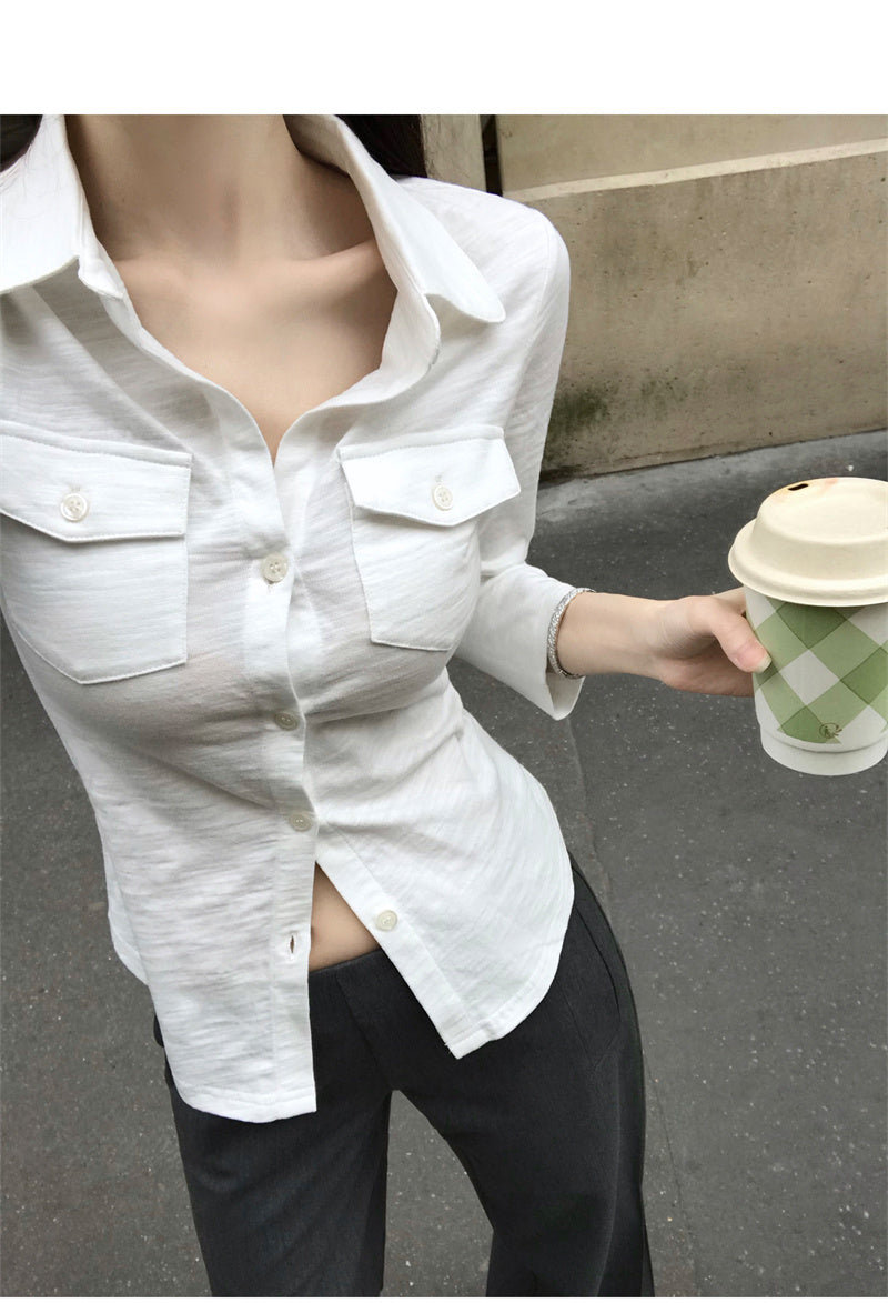 💕氣質翻領長袖收腰鈕扣襯衫