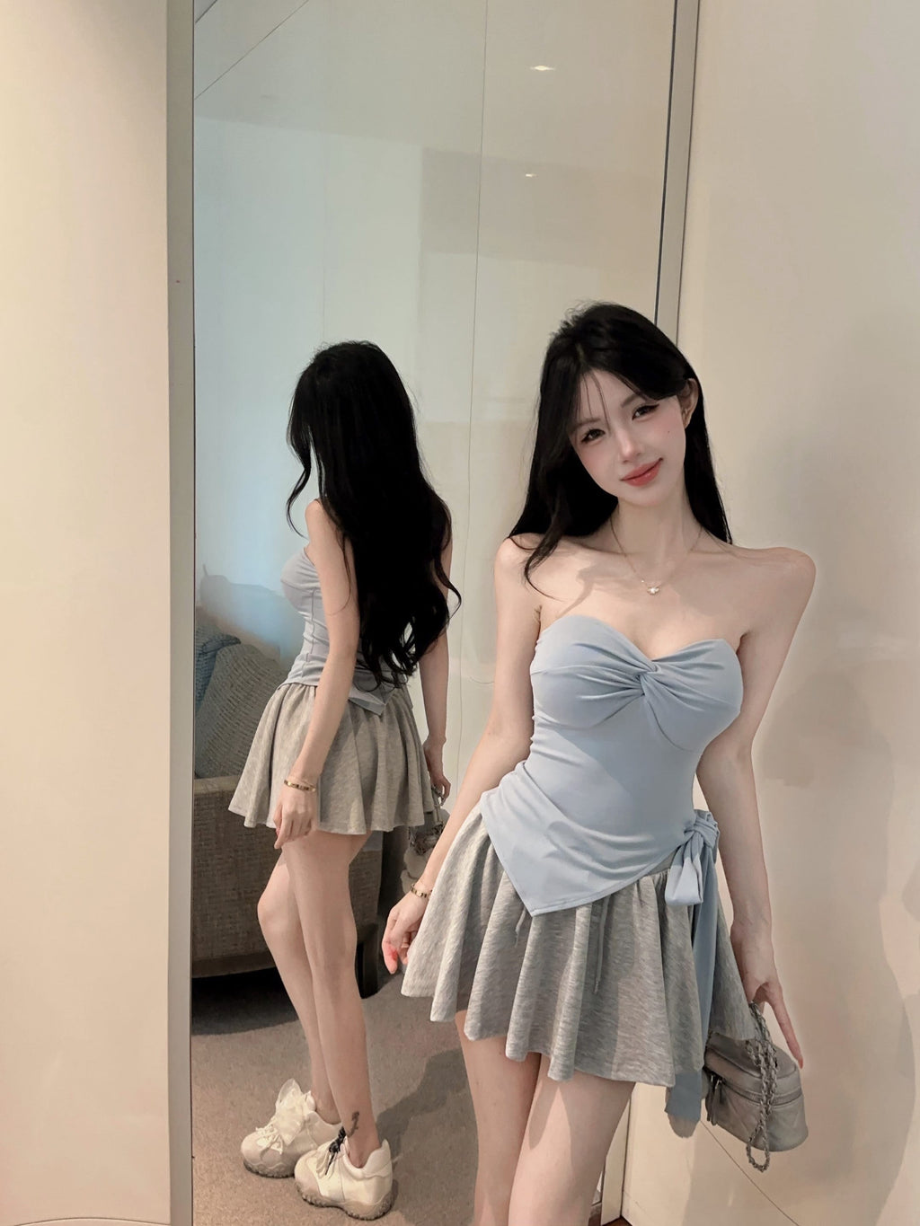 💕氣質帶胸墊不規則下擺系帶扭結兩件套