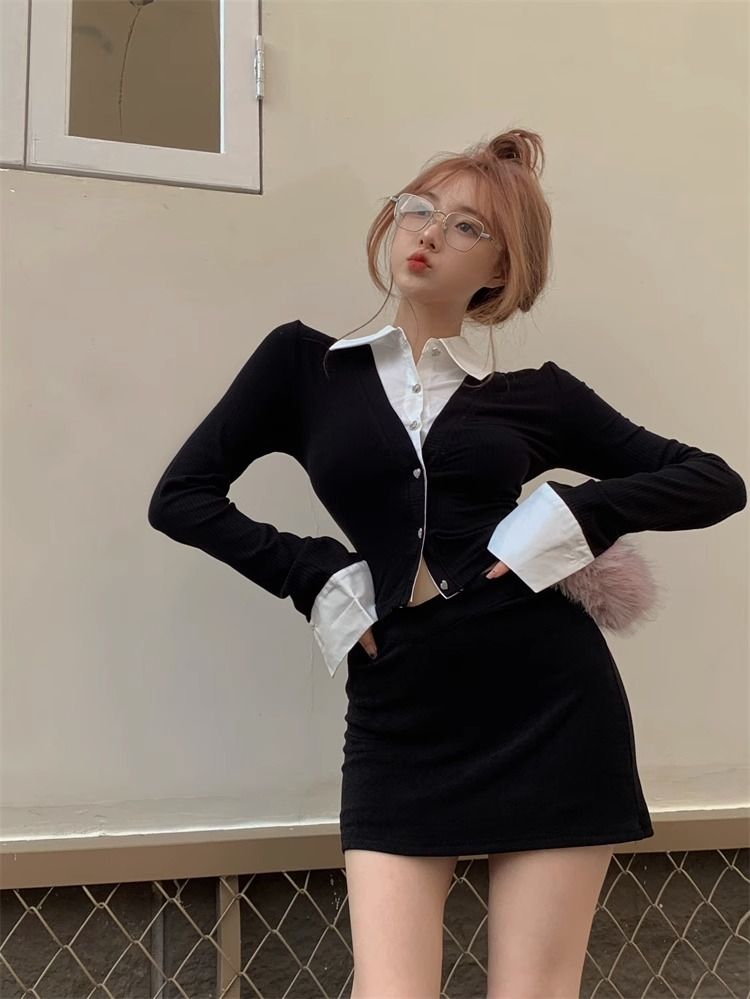 💕純御辣妹修身短款黑色假兩件長袖襯衫