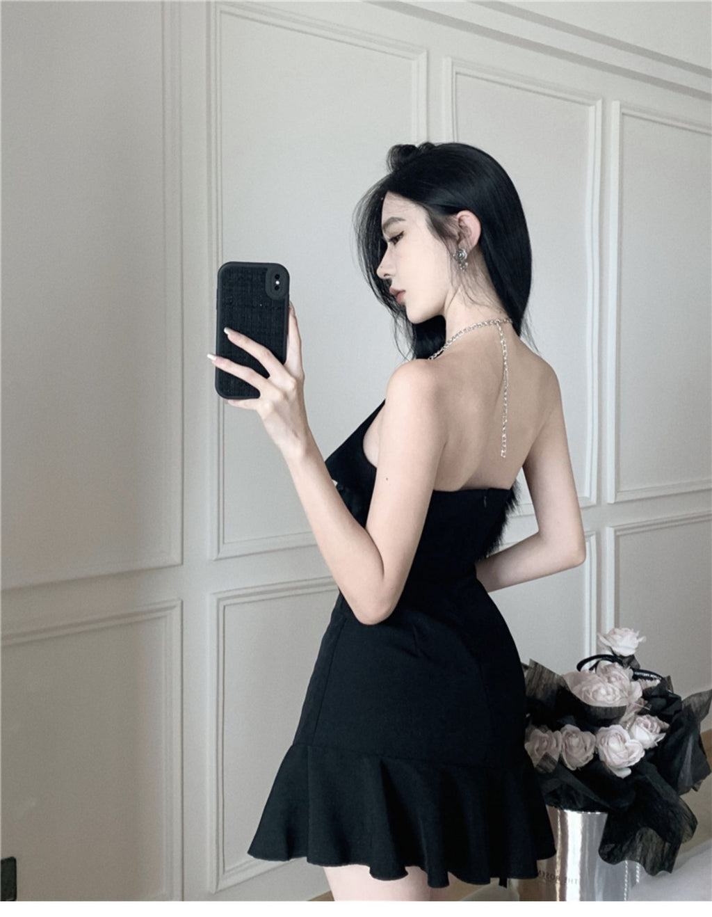 💕法式赫本風荷葉邊掛脖吊帶連衣裙