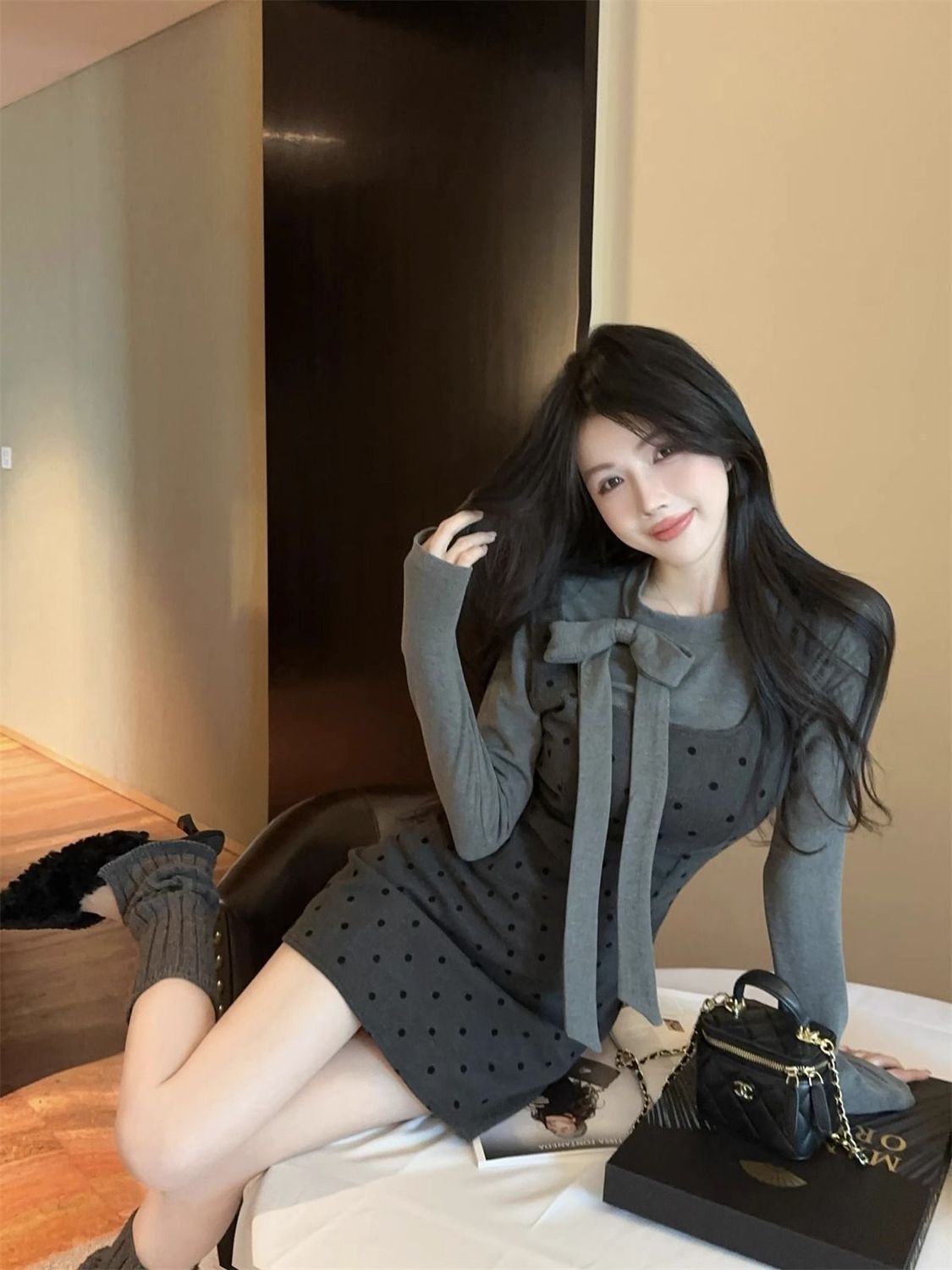 💕法式蝴蝶結飄帶圓領點點背帶兩件套