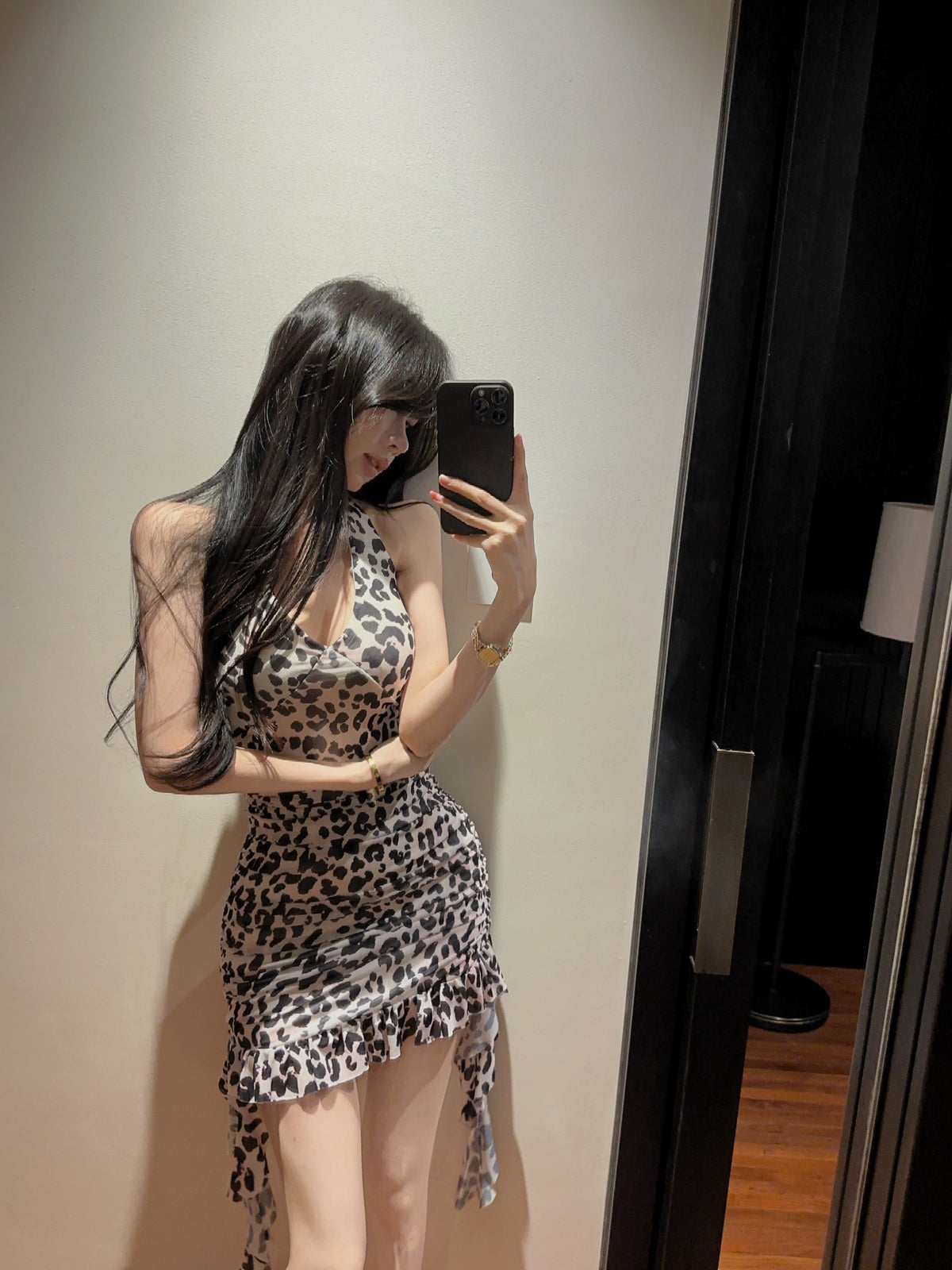 💕豹紋露背網紗流蘇包臀短裙