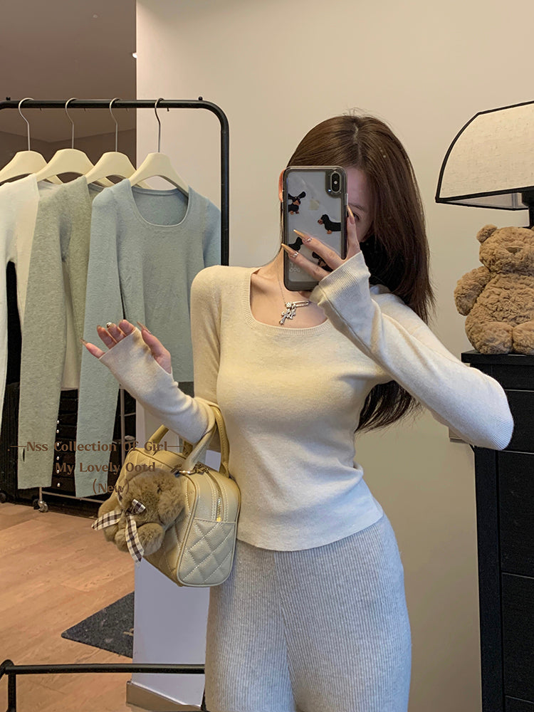 💕chic高級感簡約方領素色百搭長袖上衣