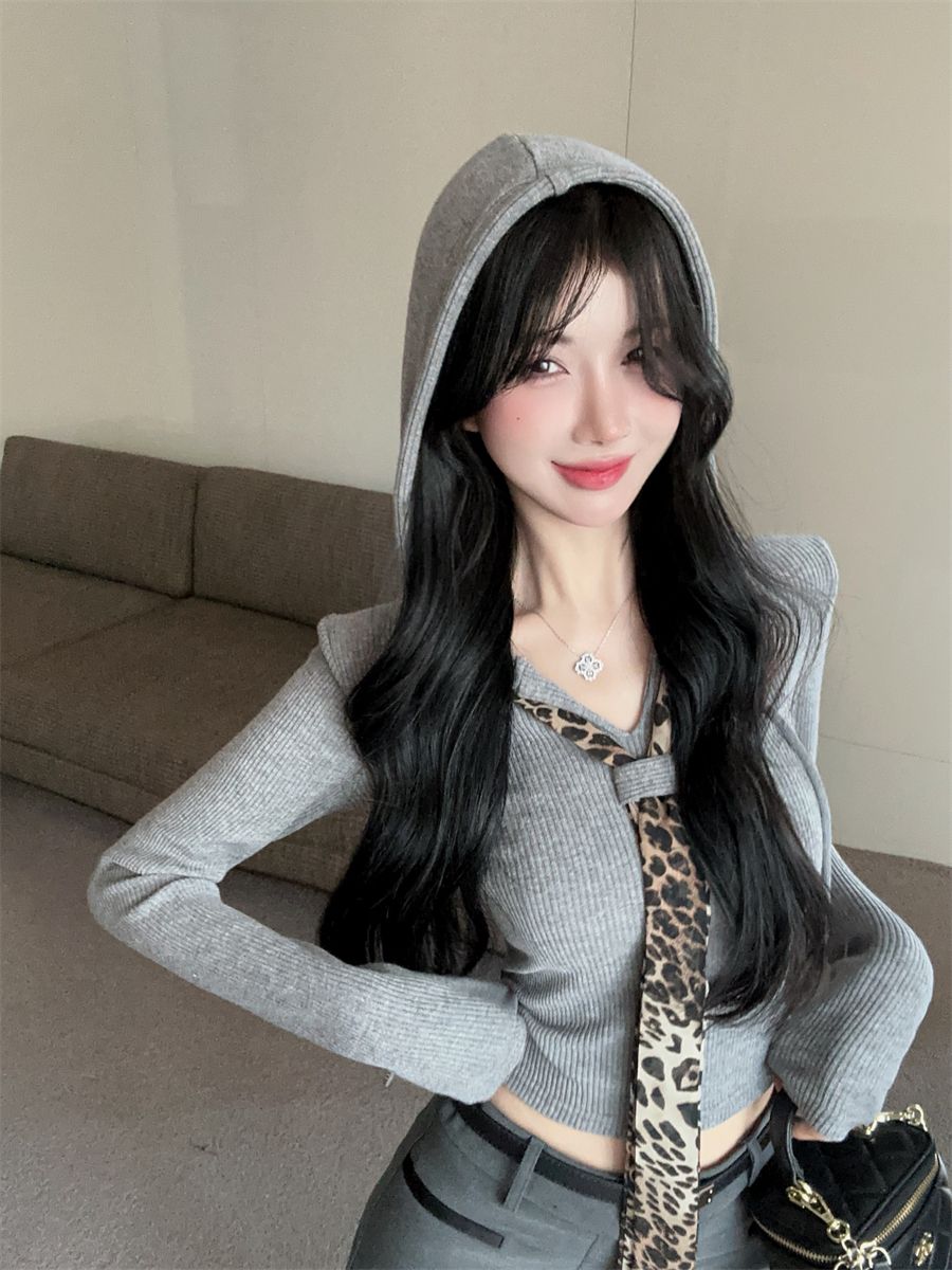 💕御姊V領豹紋領帶拼接打底連帽上衣