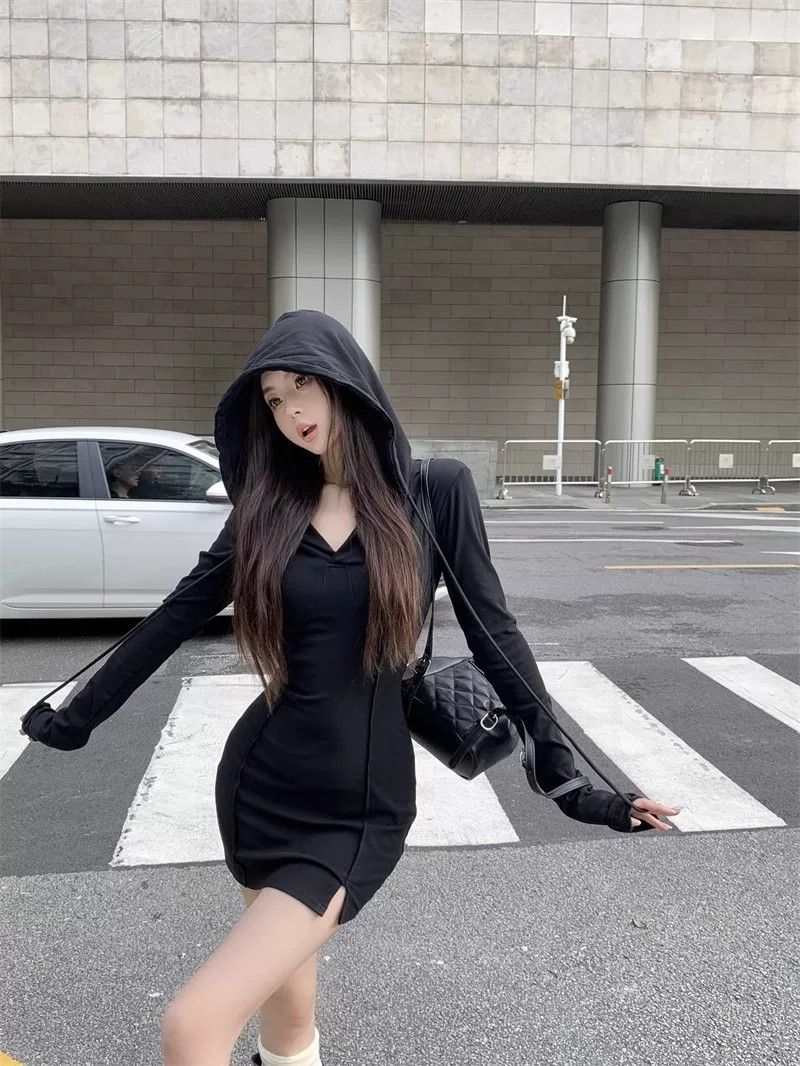 💕簡約純欲辣妹緊身連帽包臀收腰短裙