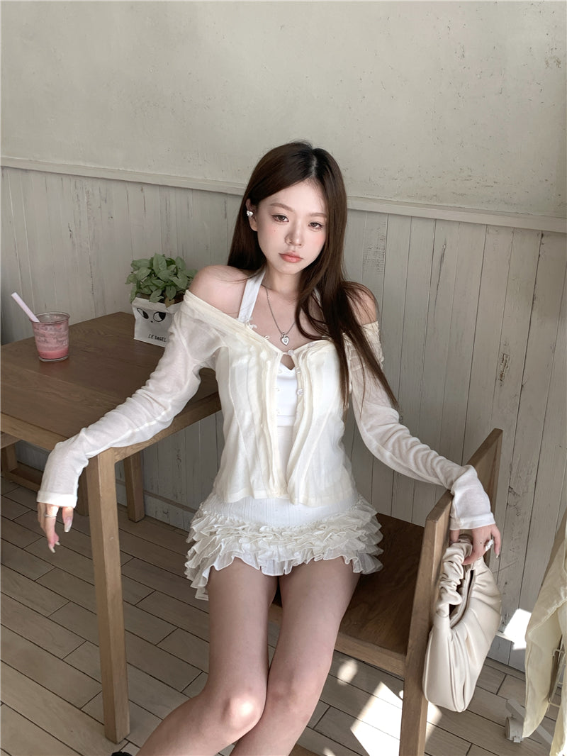 💕氧氣感貴氣羊毛長袖掛脖吊帶背心兩件套
