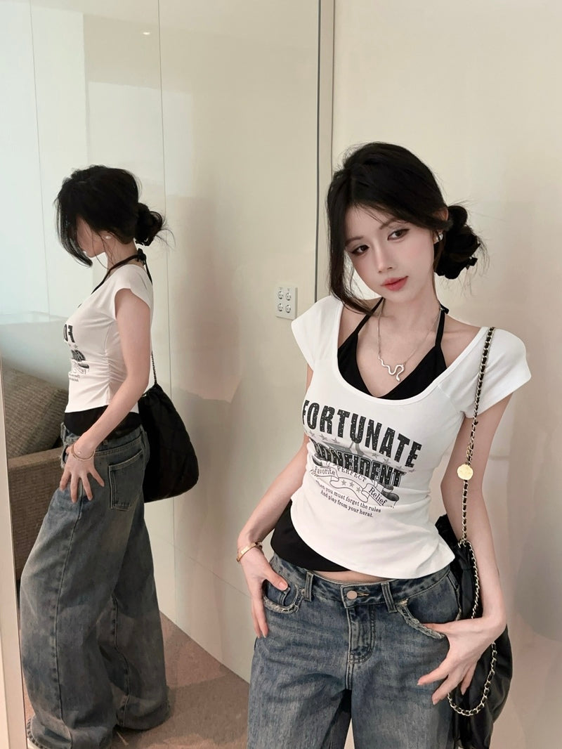💕夏季新款小心機掛脖假兩件上衣