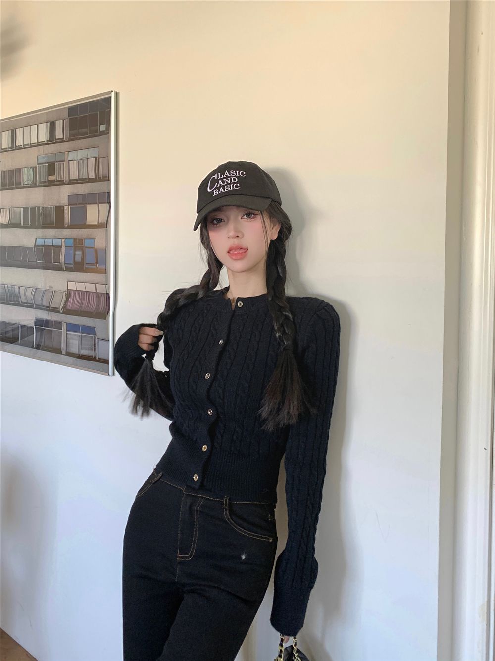 💕簡約休閒黑色短款麻花針織長袖上衣