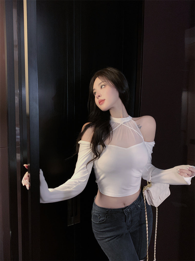 💕網紗拼接露肩長袖顯瘦上衣