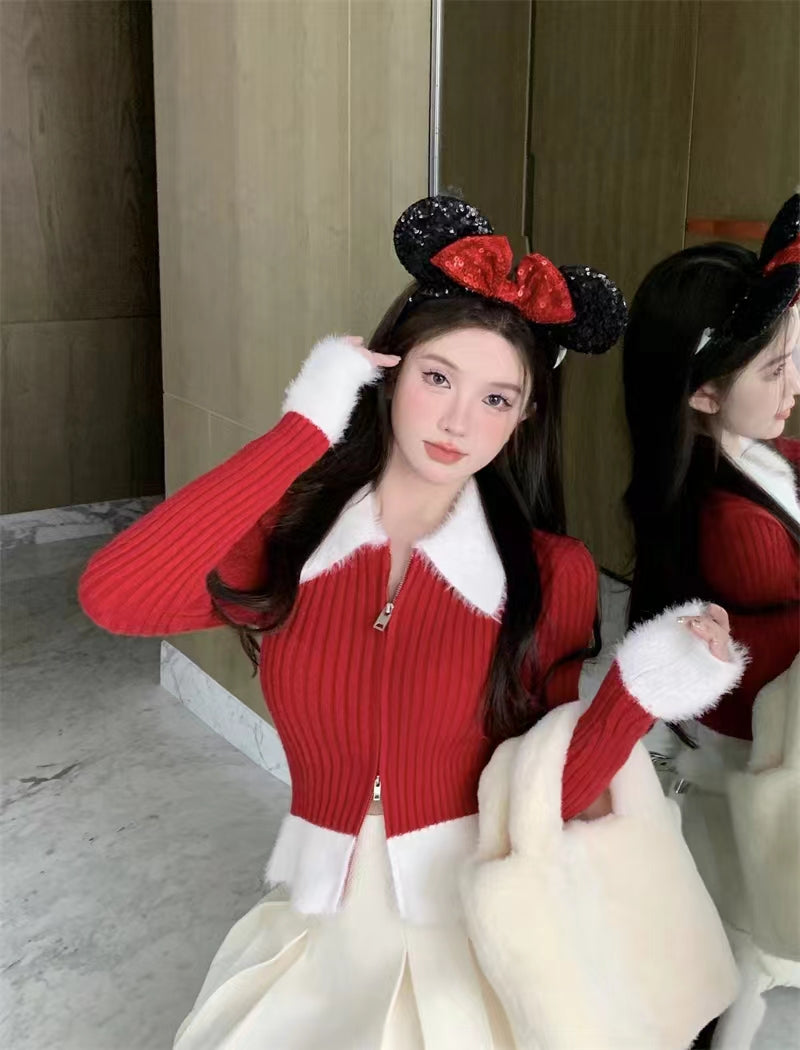 💕氣質短款polo毛毛領針織拉鍊修身上衣