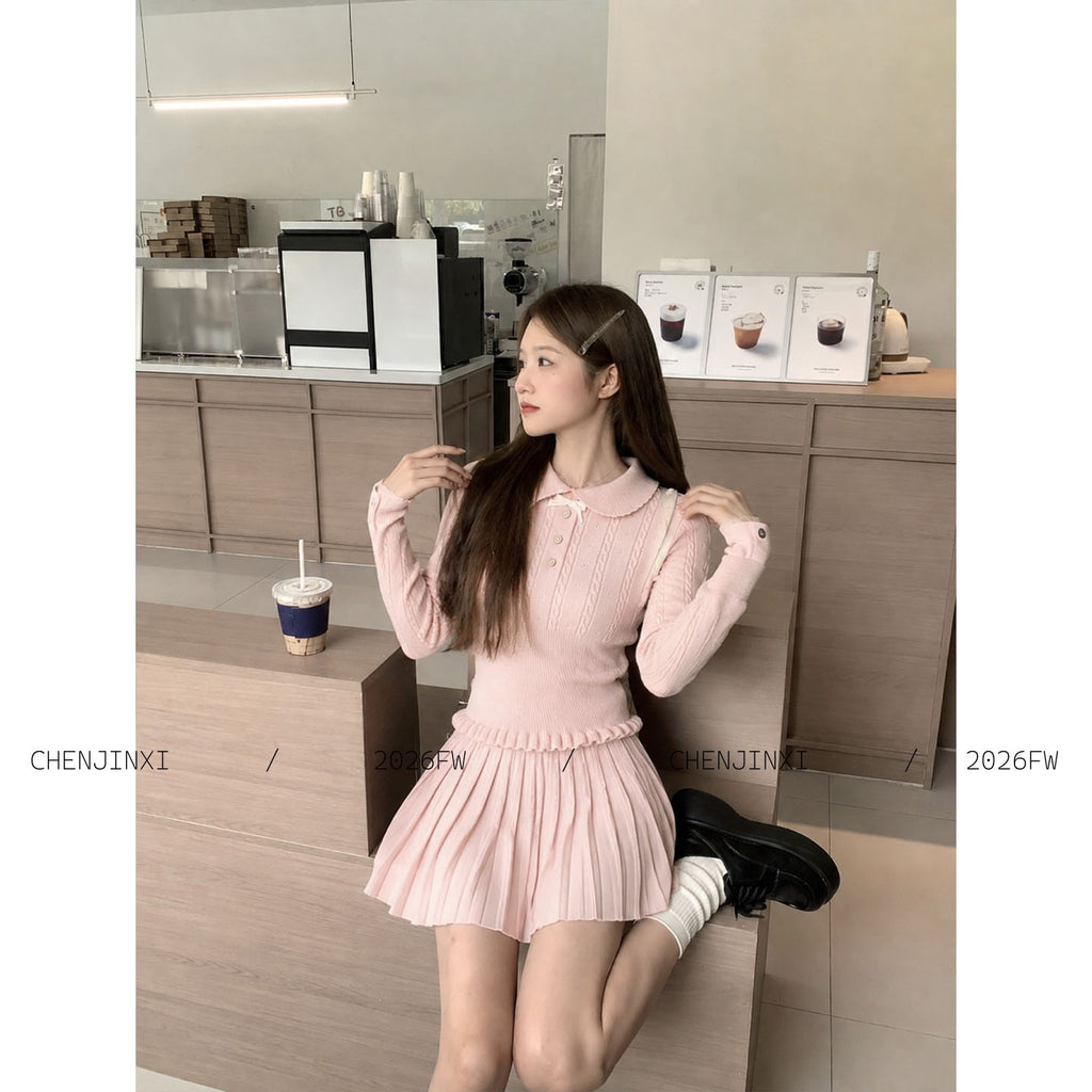 💕chic千金感粉色長袖針織毛衣短裙套裝