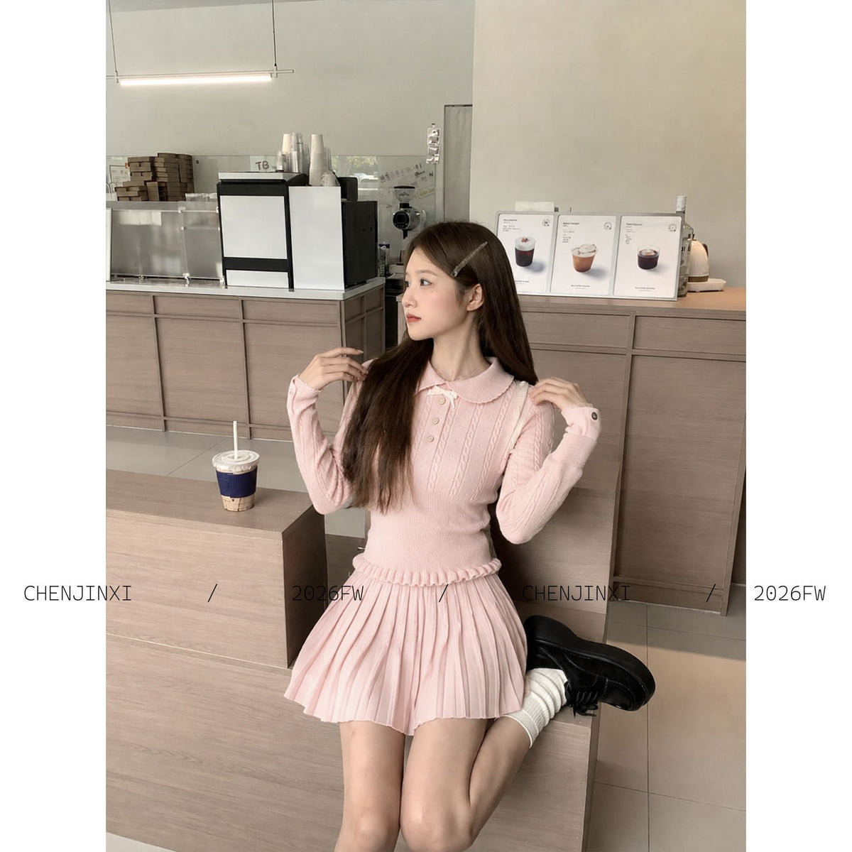 💕chic千金感粉色長袖針織毛衣短裙套裝