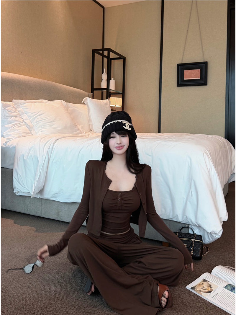 💕秋季復古性感蕾絲掛脖吊帶闊腿長褲套裝