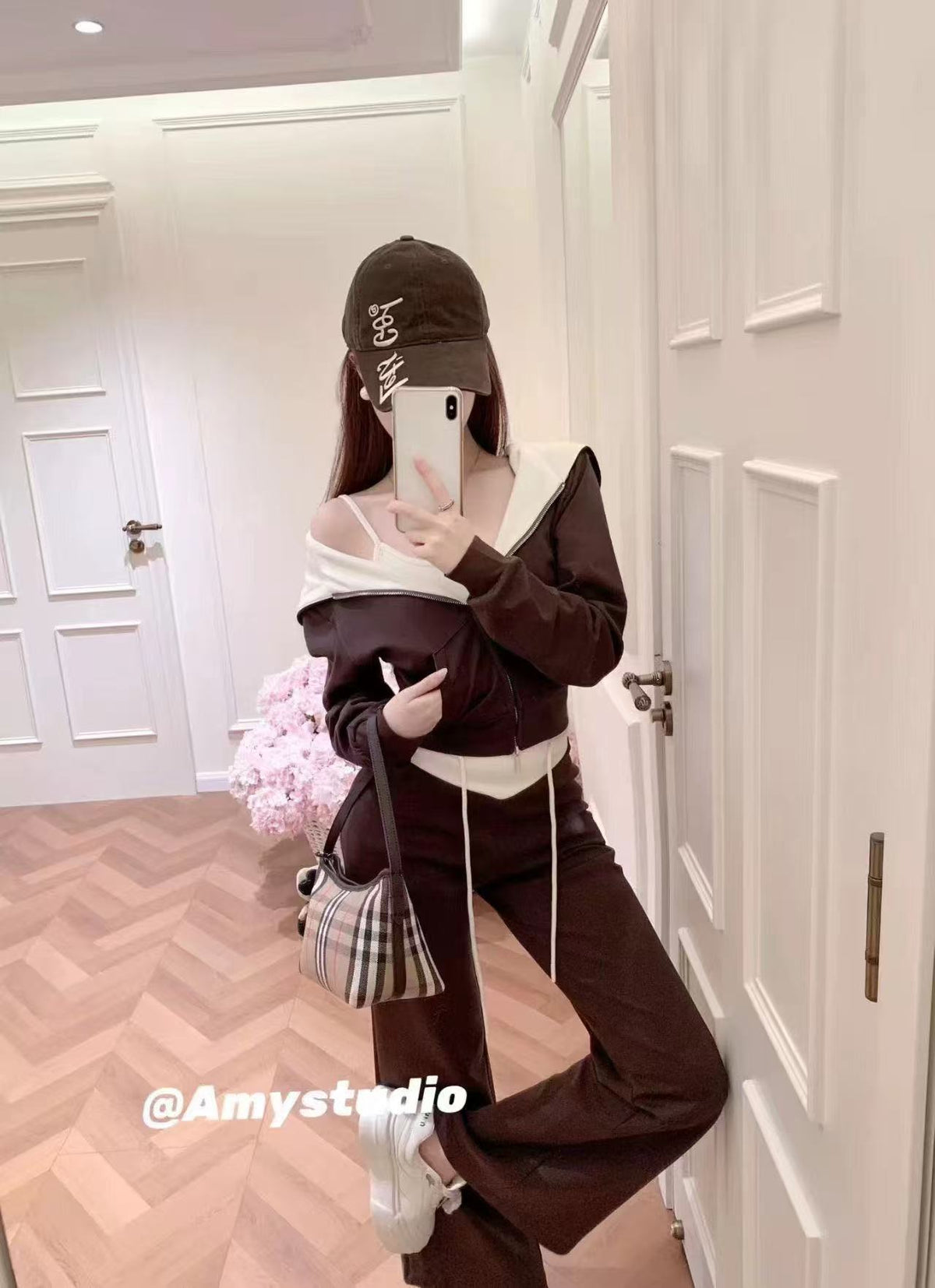 💕韓系撞色連帽開衫+吊帶+拼接休閒褲三件套