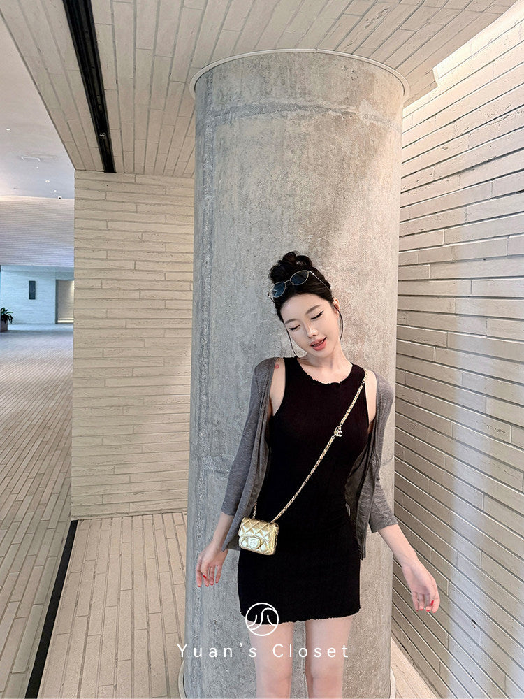 💕輕熟針織無袖緊身包臀短裙+短款外套兩件套