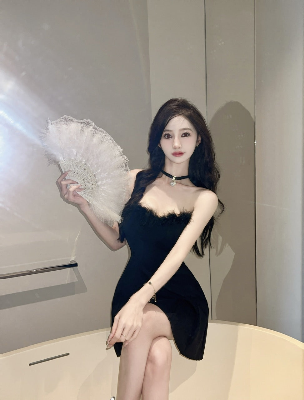 💕法式性感毛毛拼接抹胸大擺連衣裙