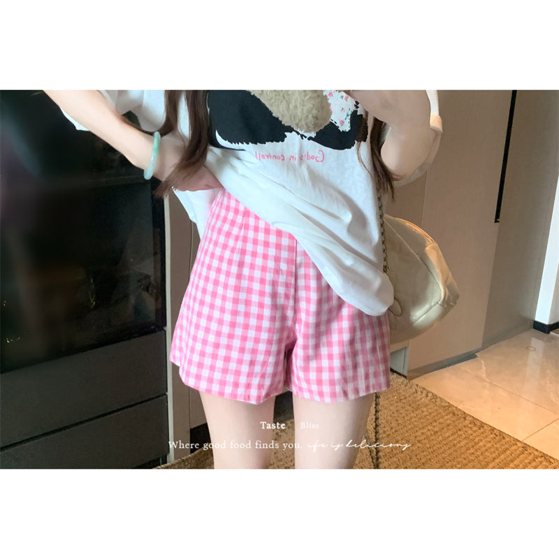 💕居家貓咪印花圓領T+格子短褲兩件套