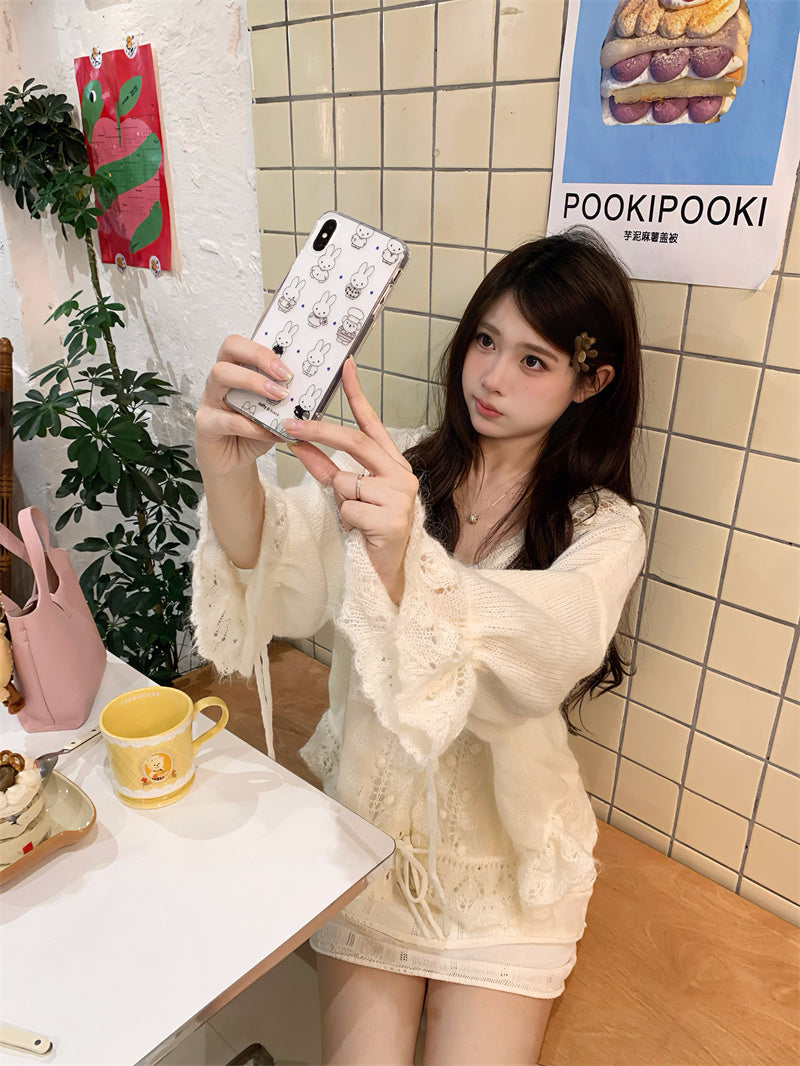 💕韓系重工連帽勾花慵懶針織開衫