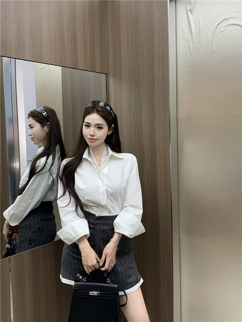 💕氣質翻領蕾絲花邊長袖襯衫不規則半身裙兩件套