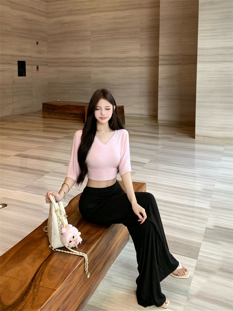 💕慵懶風V領收腰顯瘦蝙蝠袖上衣&直筒褲套裝