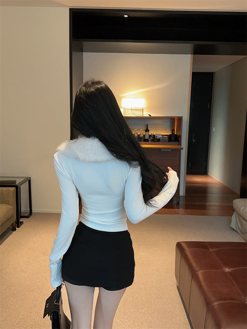 💕純欲辣妹毛領拼接V領長袖修身上衣