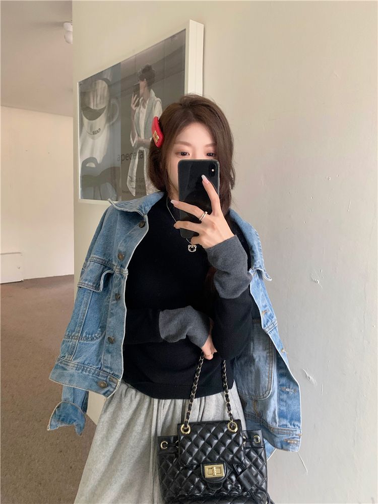 💕通勤百搭撞色長袖針織修身打底上衣