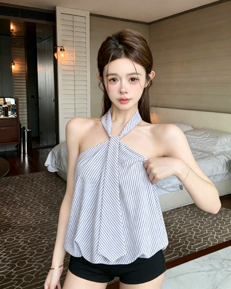 💕氣質掛脖黑白條紋抹胸花苞無袖上衣