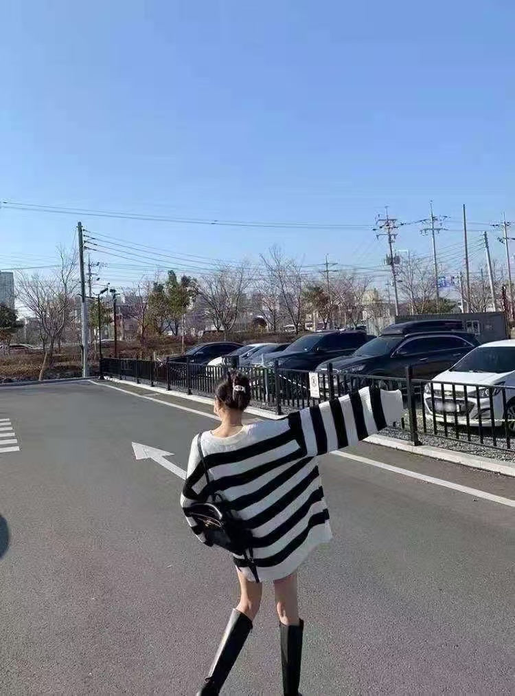 💕韓系ins簡約V領側開衩落肩長袖中長款毛衣