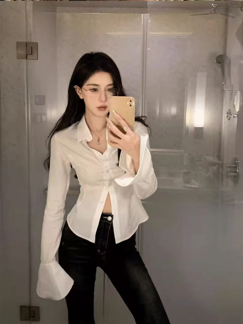 💕高級感西裝領長袖不規則褶皺襯衫