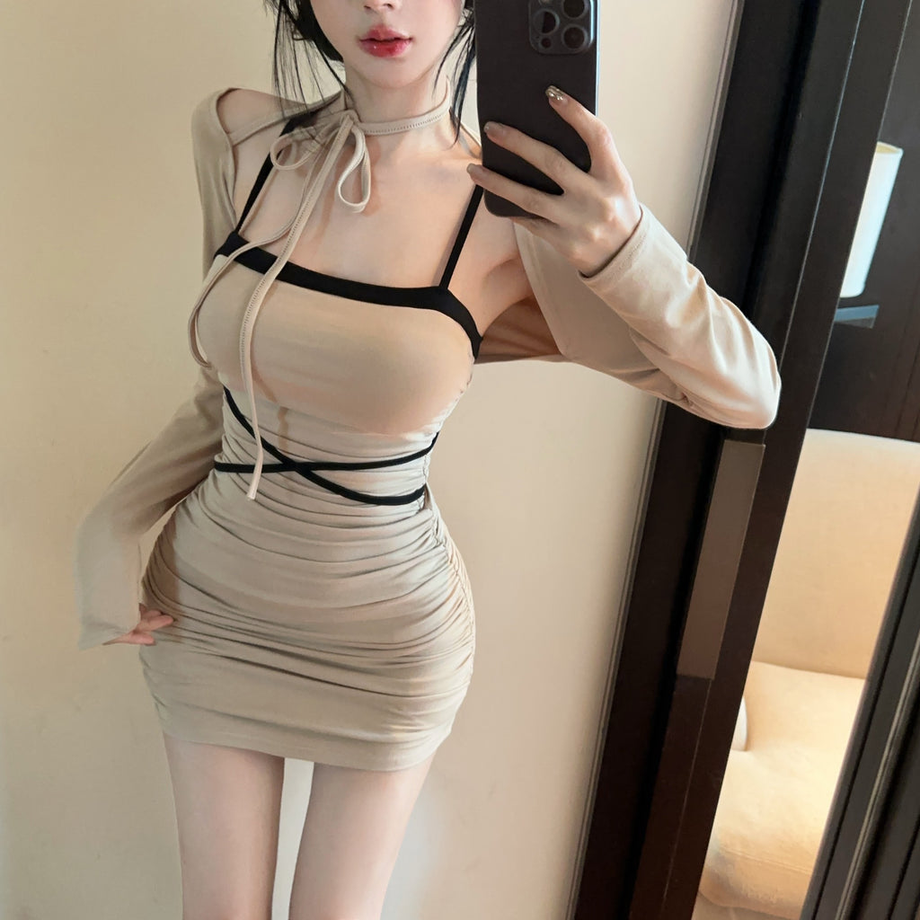 💕拚色系繩多種穿法包臀連身短裙+長袖短款罩衫兩件套