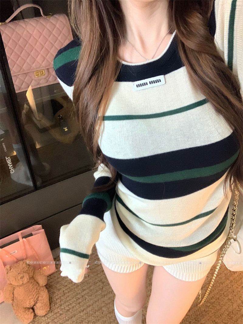 💕簡約休閒不規則條紋針織打底上衣