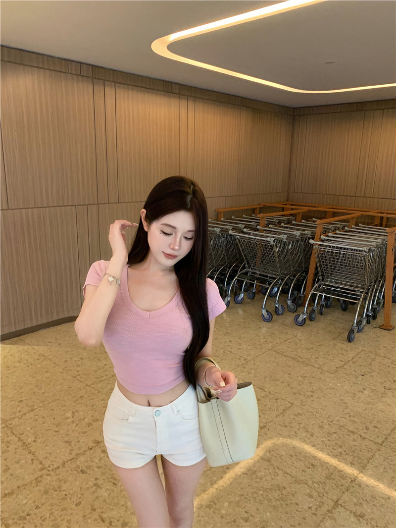 💕韓系簡約顯胸大彈力修身短袖T袖