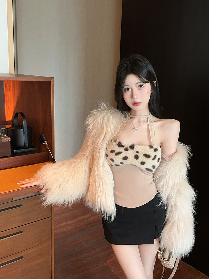 💕蕾絲掛脖拼接毛絨絨短款背心