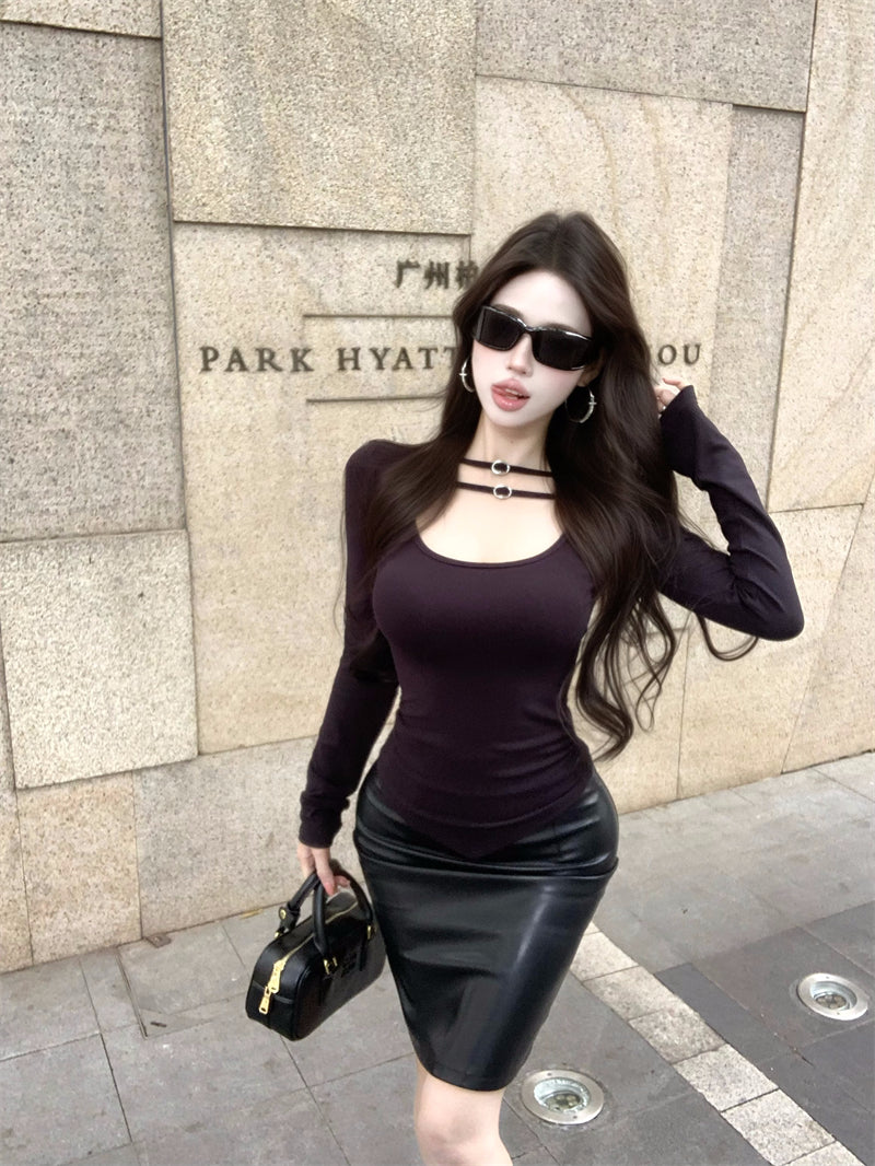 💕氣質設計感褶皺雙條扣低胸上衣