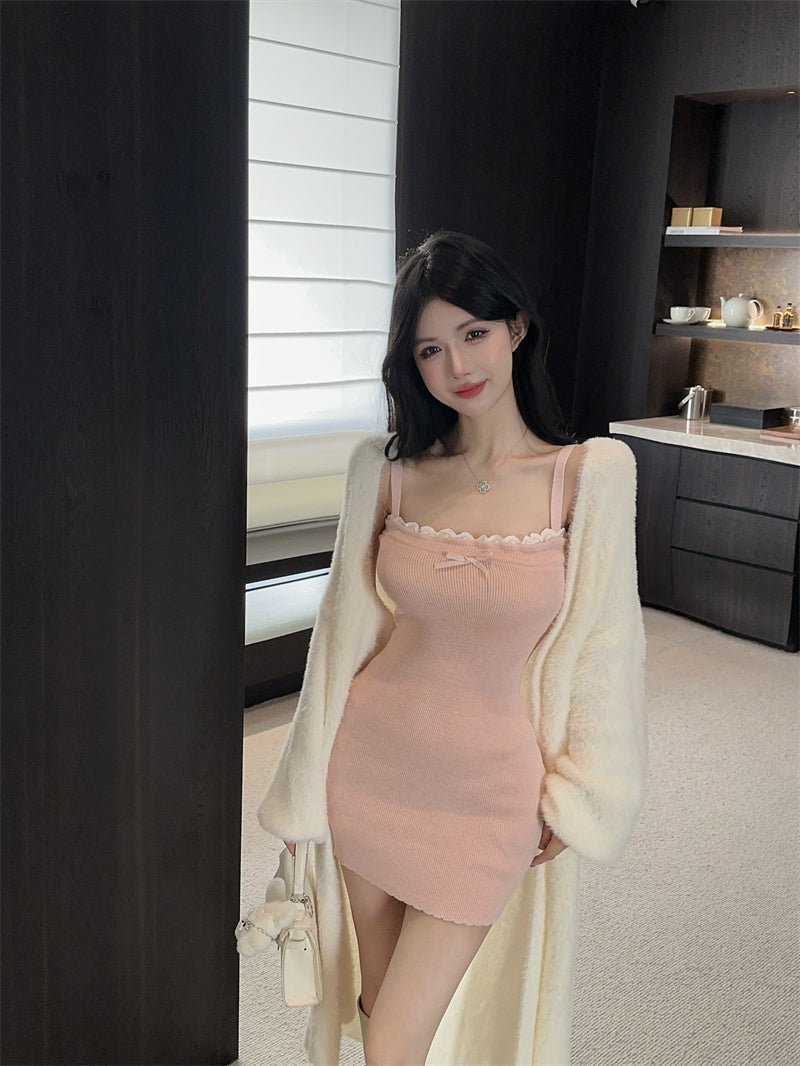 💕毛絨絨針織開衫純欲粉色吊帶裙兩件套